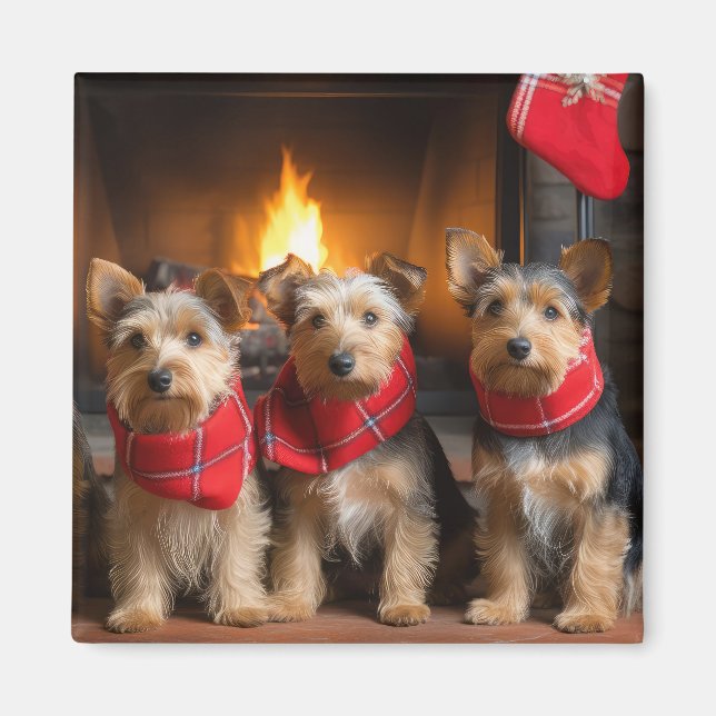 Australian Terrier vid öppen spis jul Magnet (Framsidan)