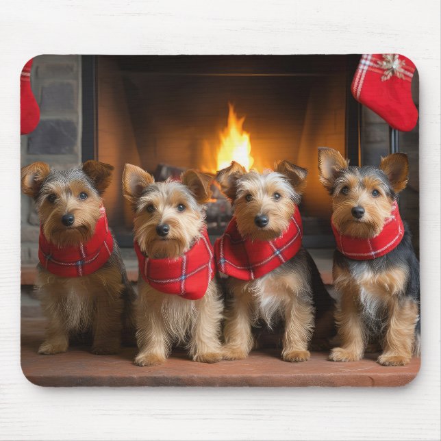 Australian Terrier vid öppen spis jul Musmatta (Framsidan)
