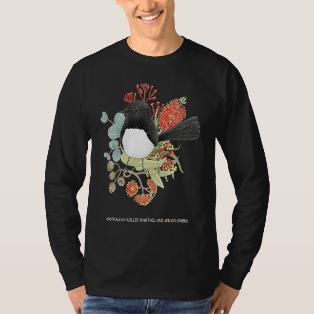 Australian Willie Wagtail and Wildflowers T Shirt (Framsida)