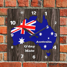 Australien Clock, G'day Mate, wood, Australian Fla Fyrkantig Klocka