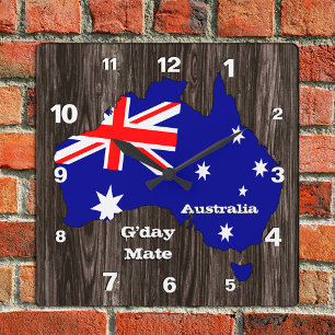 Australien Clock, G'day Mate, wood, Australian Fla Fyrkantig Klocka