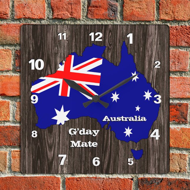 Australien Clock, G'day Mate, wood, Australian Fla Fyrkantig Klocka (Skapare uppladdad)