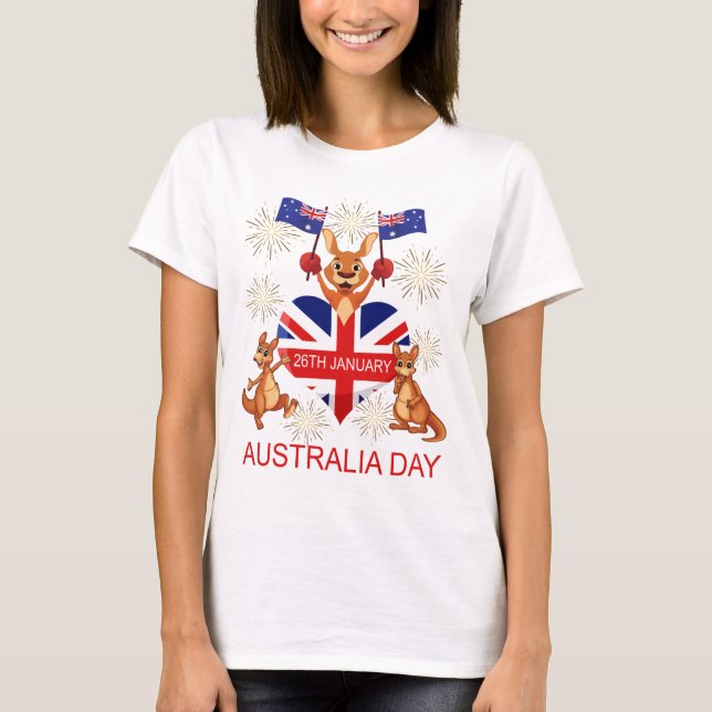 AUSTRALIEN DAG26TH JANUARI KÄNGURUR, FLAGGOR, T SHIRT (Framsida)