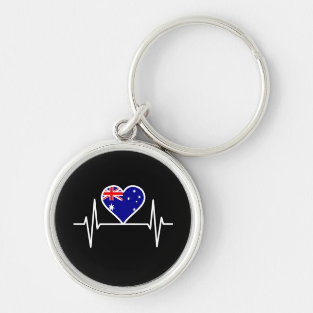 Australien Flagga Heartslag Rund Silverfärgad Nyckelring (Framsidan)