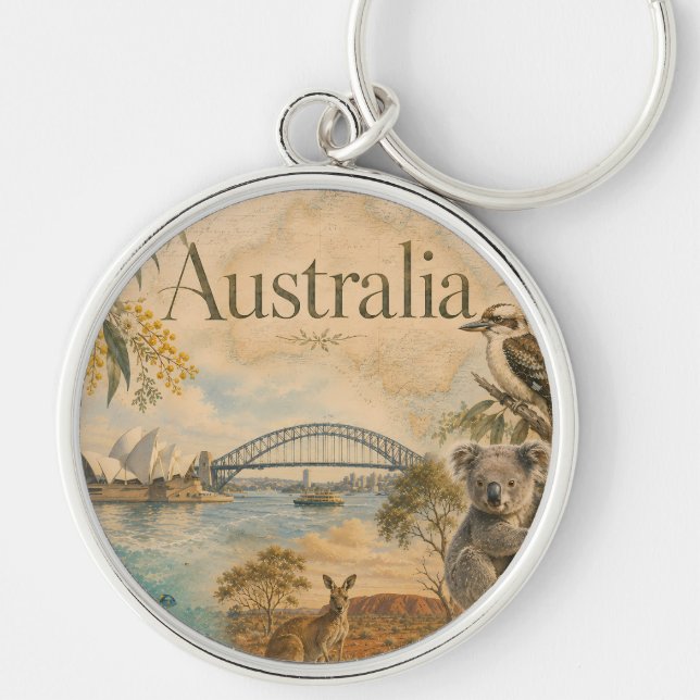 Australien för älskare av Australien  Rund Silverfärgad Nyckelring (Framsidan)