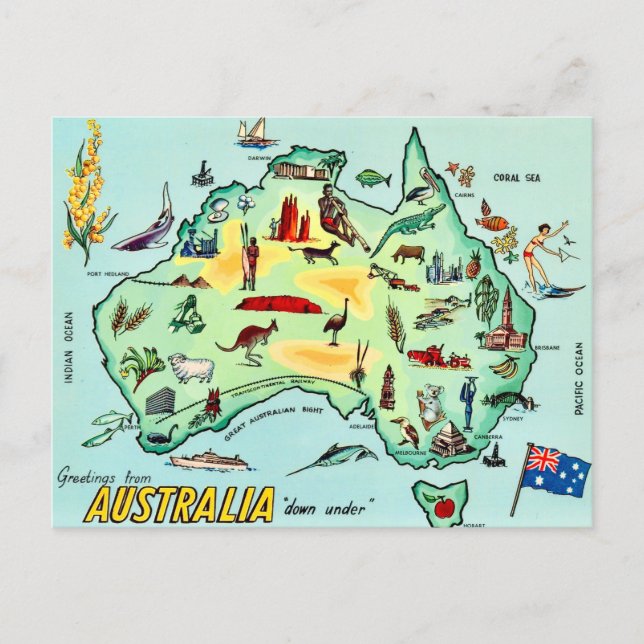 Australien Illustrerad Kartaffisch Vykort (Framsida)