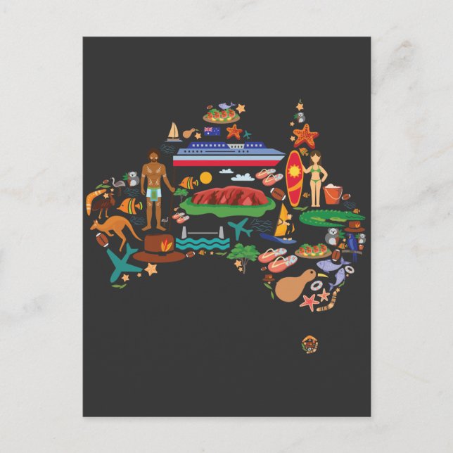 Australien Karta Australian Continan Animals Trave Vykort (Framsida)