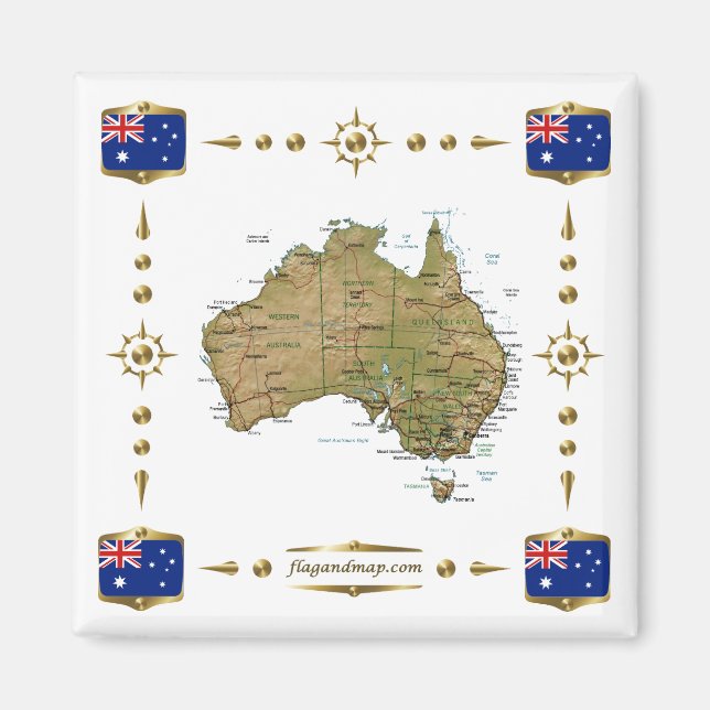 Australien Karta + Flaggor Magnet (Framsidan)