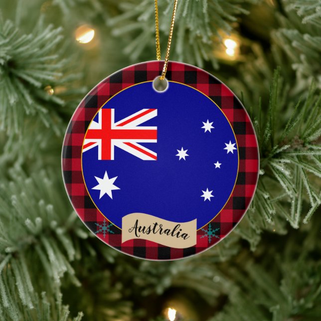 Australien, Red buffalo plaid & Australian Flagga Julgransprydnad Keramik (Träd)