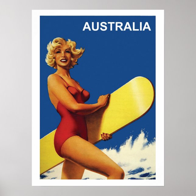 Australien, surfartyp på stranden, vintage poster (Framsidan)