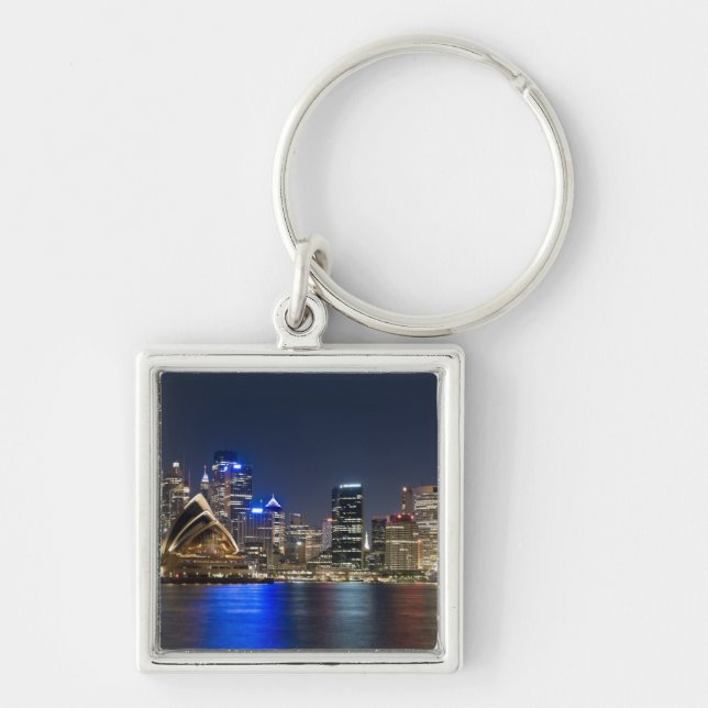 Australien, Sydney. Siluett med operahuset sett Fyrkantig Silverfärgad Nyckelring (Framsidan)