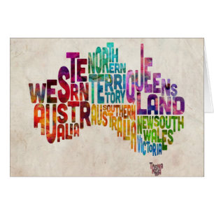 Australien typografisk textkarta hälsningskort