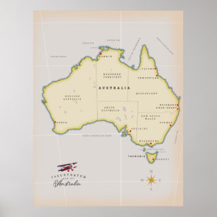 Australiens illustrerade karta poster