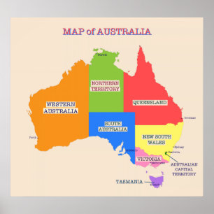 Australiens Karta i flera Färgader Poster