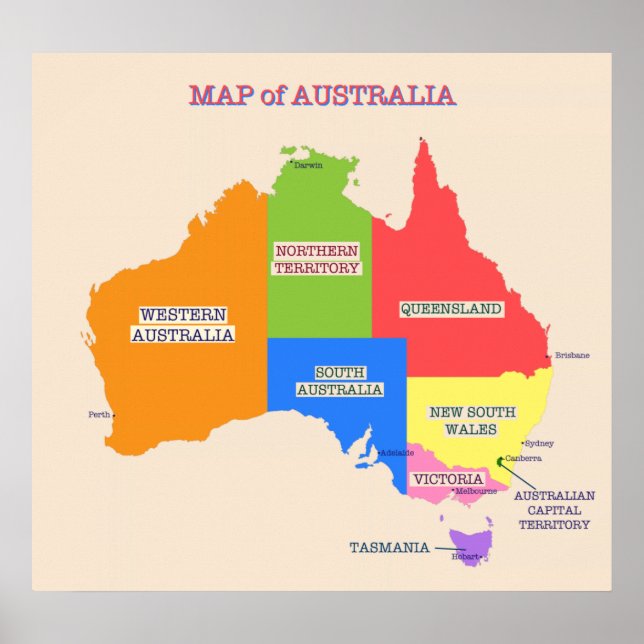 Australiens Karta i flera Färgader Poster (Framsidan)