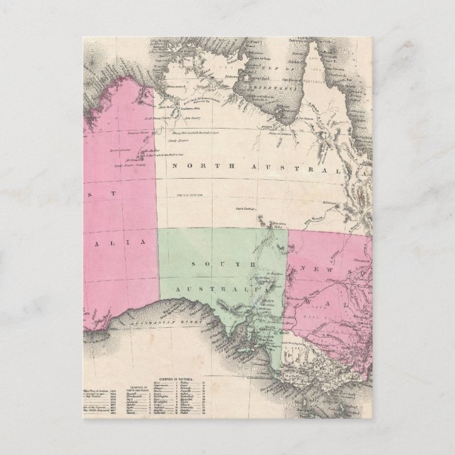 Australiens vintage Karta (1862) Vykort (Framsida)