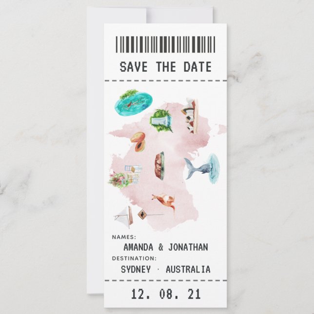 Australiensisk bröllopsboardingkort Save the Date Spara Datumet (Framsida)
