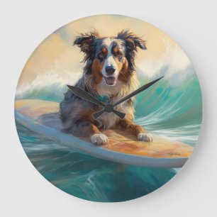 Australiensisk herde Beach Surfing Målning Stor Klocka