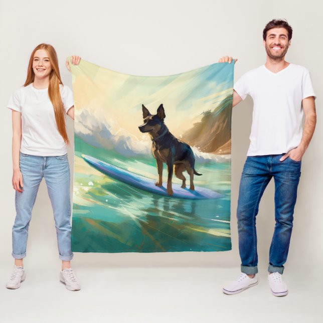 Australiensisk Kelpie Strand Surfing Målning Fleecefilt (På plats)