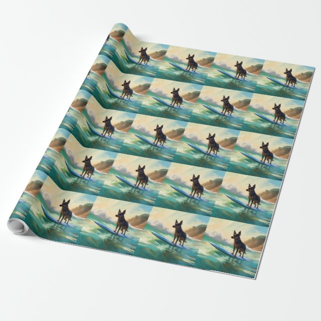 Australiensisk Kelpie Strand Surfing Målning Presentpapper (Utrullad)