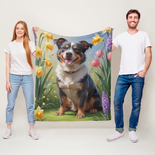 Australiensisk Nötboskap Hund Vårblommor Målning Fleecefilt (På plats)