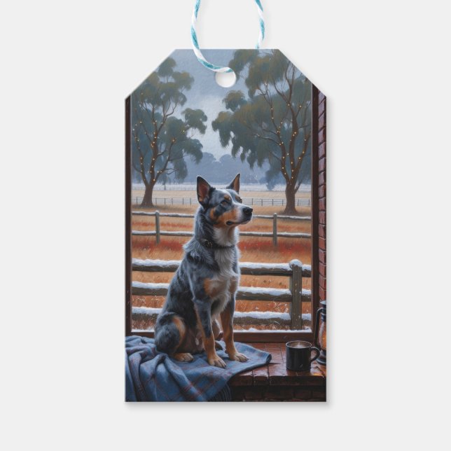 Australiensisk Nötkreatur Med Julbelysning Högtid Presentetikett (Framsidan)
