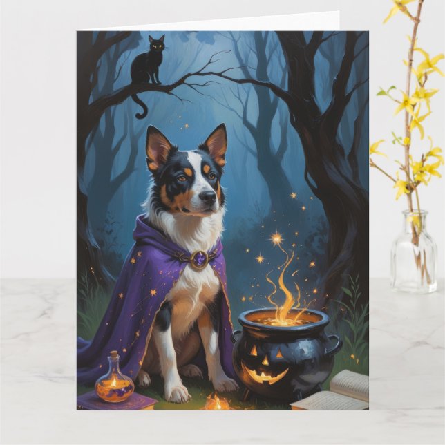 Australiensisk nötkreatur Whimsical Halloween-måln Kort (Gul blomma)