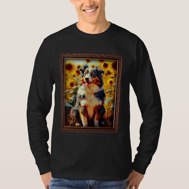 Australiensisk Schäferhund som målar solros blomma T Shirt (Framsida)