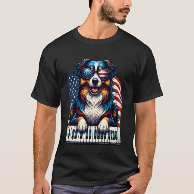 Australiensisk Shepherd Pianospelare Patriotisk US T Shirt (Framsida)