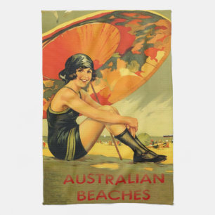 Australiensisk strandaffisch för vintage kökshandduk