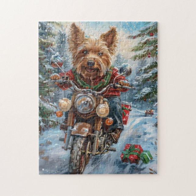 Australiensisk terrier kör motorcykel jul pussel (Vertikal)