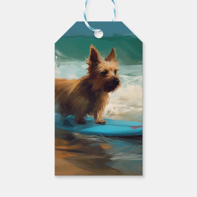 Australiensisk terrier strand surfing målning presentetikett (Framsidan)
