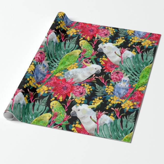 Australiensiska tropiska papegojor svart presentpapper (Utrullad)