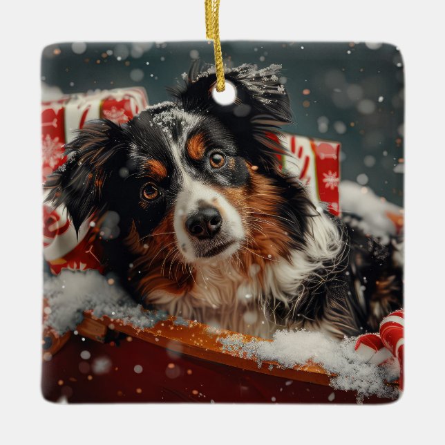 Australisk herdehund jul festlig julgransprydnad keramik (Framsida)