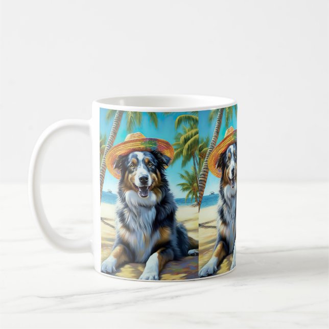 Australisk herdehund på strand hundälskare sommarp kaffemugg (Vänster)
