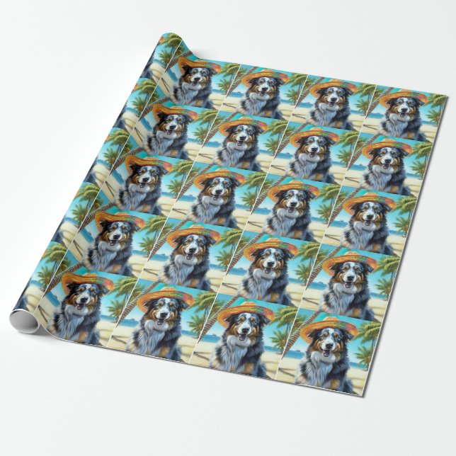 Australisk herdehund på strand hundälskare sommarp presentpapper (Utrullad)