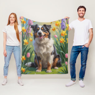 Australisk Herdehund Vårblommor Målning Fleecefilt