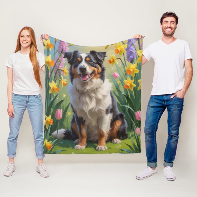 Australisk Herdehund Vårblommor Målning Fleecefilt (På plats)