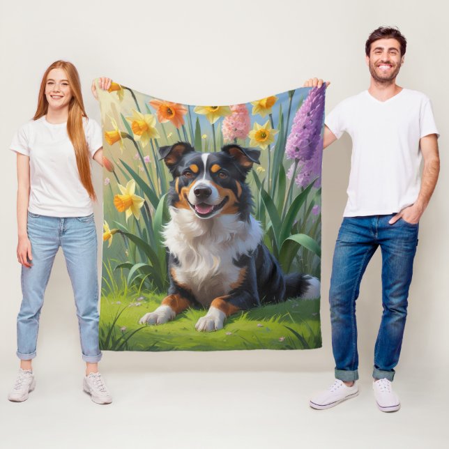 Australisk Kelpie Hund Vårblommor Målning Fleecefilt (På plats)