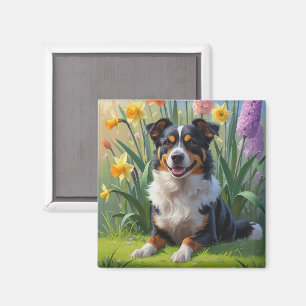 Australisk Kelpie Hund Vårblommor Målning Magnet