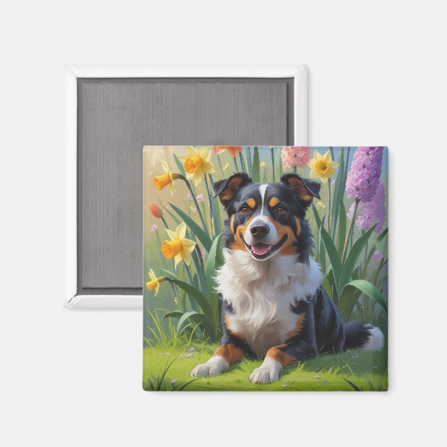Australisk Kelpie Hund Vårblommor Målning Magnet (Front/Back)