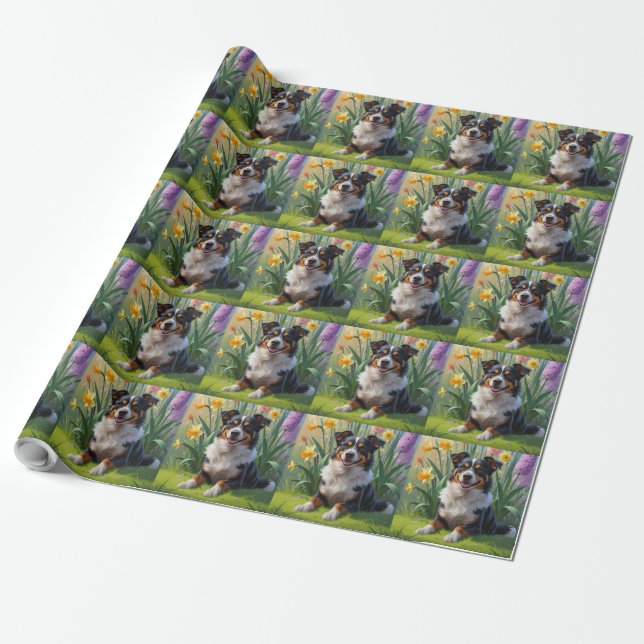 Australisk Kelpie Hund Vårblommor Målning Presentpapper (Utrullad)