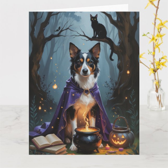 Australisk Kelpie Hund Whimsical Halloween-målning Kort (Gul blomma)