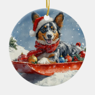 Australisk kelpie i släde Låt det snöa jul Julgransprydnad Keramik