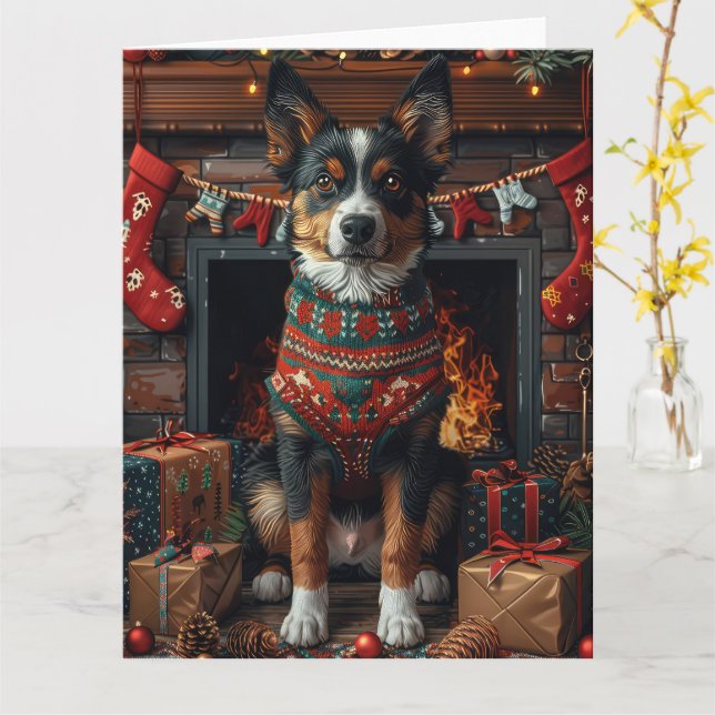 Australisk kelpie med julklappar öppen spis kort (Gul blomma)