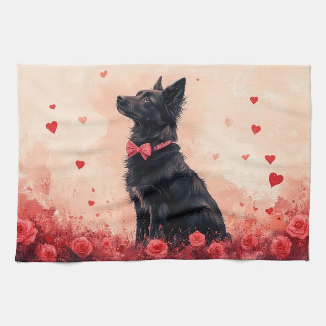 Australisk Kelpie med rosor - Alla hjärtans dag Kökshandduk (Horisontell)