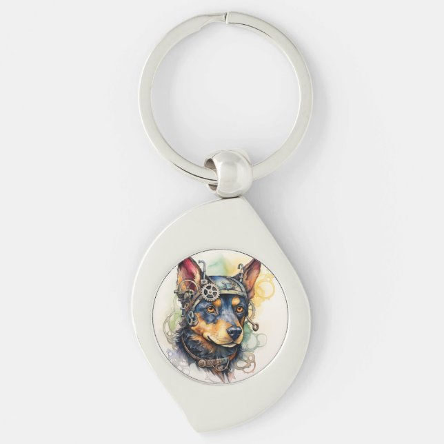 Australisk Kelpie Steampunk Hund Swirl Silverfärgad Nyckelring (Framsidan)