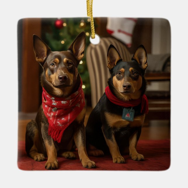 Australisk Kelpie vid brasan jul Julgransprydnad Keramik (Framsida)
