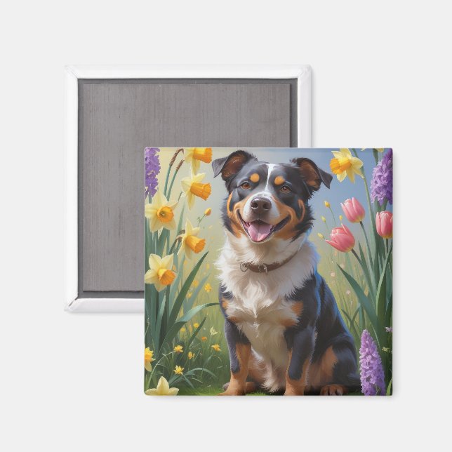 Australisk nötkreaturshund Vårblommor Målning Magnet (Front/Back)