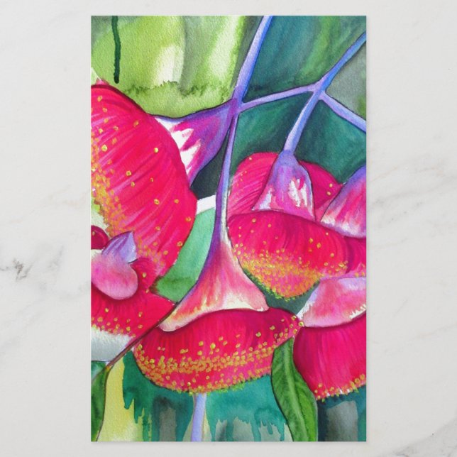 Australisk röd blommar gumnut vattencolor art (Framsida)